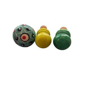 Set Of 3 Porcelain Cork Bottle Stoppers Blue Green Yellow With Unique Designs